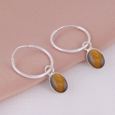 54. Gorgeous Hanging Gemstone Tiger&#39;s Eye Oval Shape 925 Sterling Solid Silver Hoop Earrings  Item No.:  R1501980-61