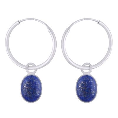 53. Gorgeous Hanging Gemstone Lapis Oval Shape 925 Sterling Solid Silver Hoop Earrings  Item No.:  R1501980-56