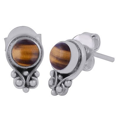 36. Gorgeous Rawa Work Around Tiger&#39;s Eye Round Shape 925 Sterling Solid Silver Stud EarringsItem No.:  R6100531-41