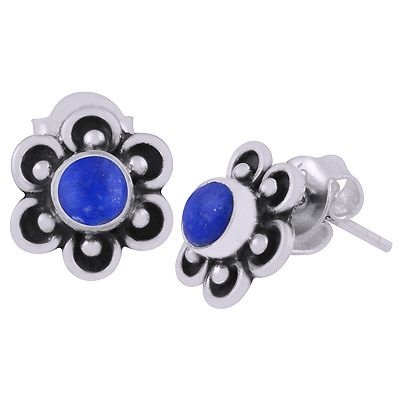 38. Beautiful Flower Work Around Lapis Round Shape 925 Sterling Solid Silver Stud Earrings  Item No.:  R6100590-26