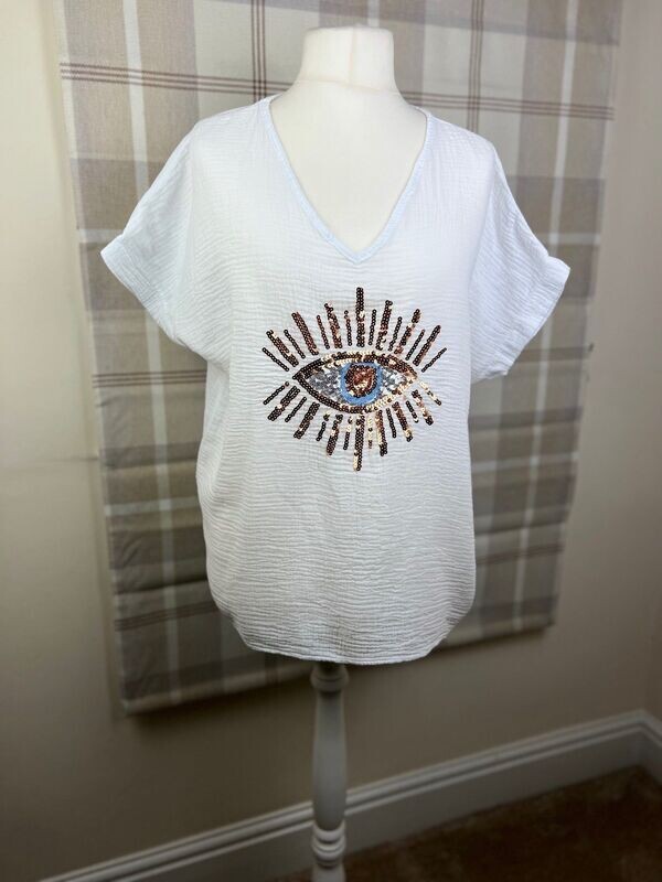 Sparkly Eye Top Short Sleeve - White