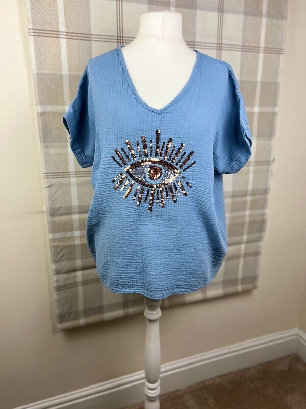 Sparkly Eye Top Short Sleeve - Blue