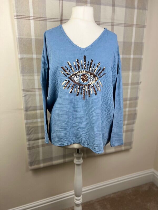 Sparkly eye top - long sleeve - Blue