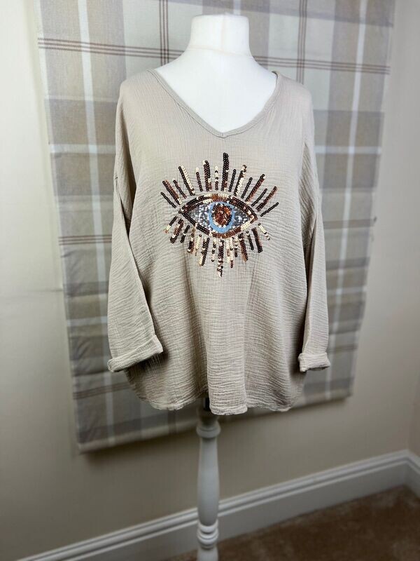Sparkly eye top - Long sleeve - Stone