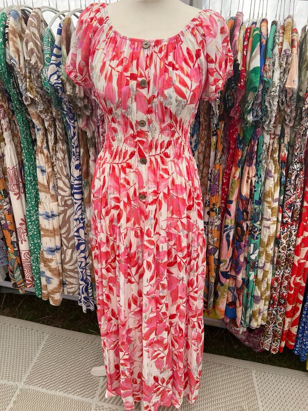 Maxi Dress Pink Leaf One Size 10-18