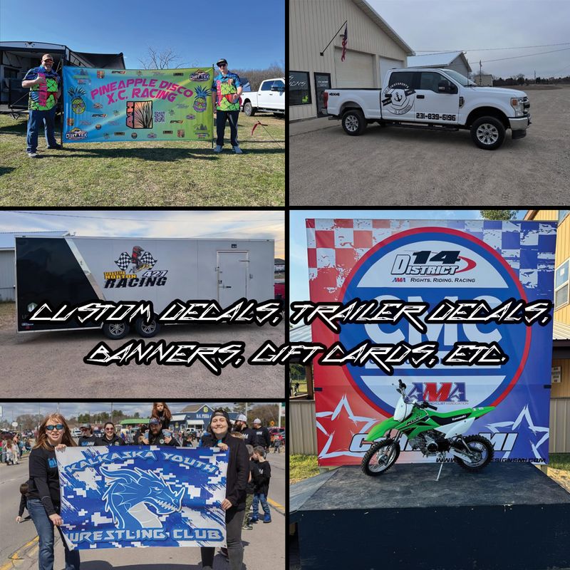 CUSTOM DECALS, TRAILER DECALS, BANNERS, GIFT CARDS, AND MISC
