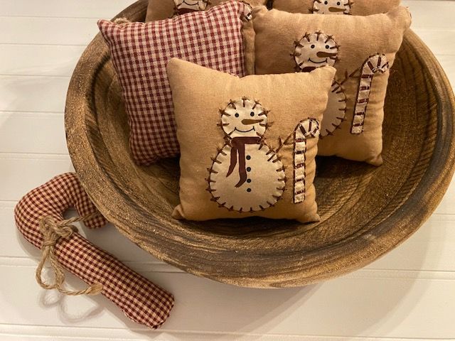 Mini Primitive Snowman Candy Cane Pillow