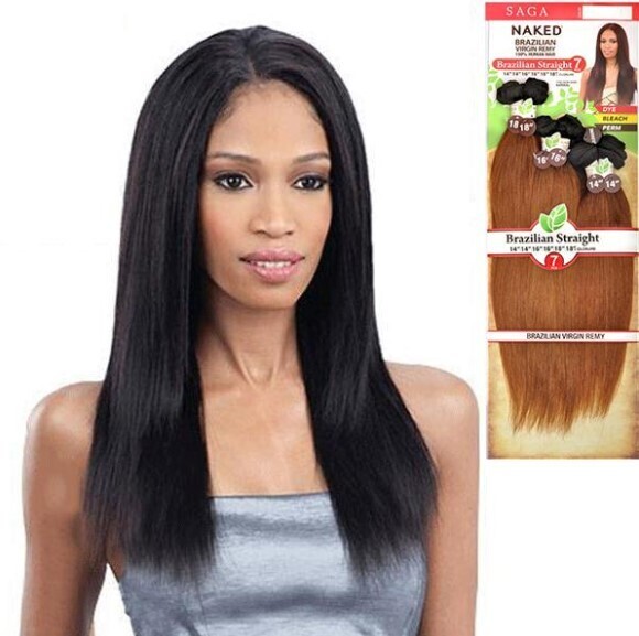 Saga Naked Brazilian Virgin Remy Straight 7 pcs  10”/12”/14”+Closure  Color:Natural Dark