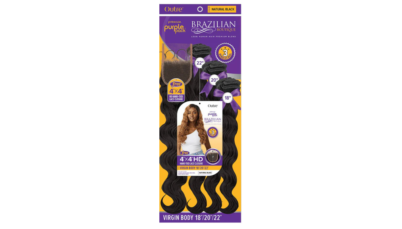 Outre Purple Pack Brazilian Boutique Virgin Body 18" 20" 22" + Closure Color: Natural Black
