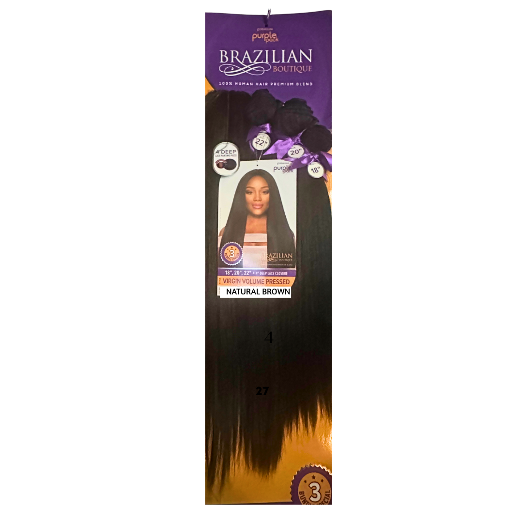 Outre Purple Pack Brazilian Boutique VIRGIN VOLUME PRESSED 18"/20"/22" Color: Natural Brown