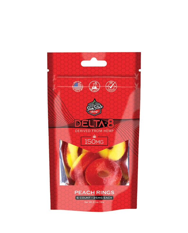 Delta-8 Gummy Peach Rings Grab N' GO Bag (6 per Bag, 150mg) - Sunstate Hemp