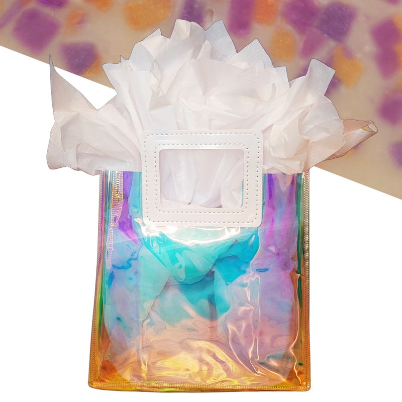 iridescent gift bag with brandied pear soap in background