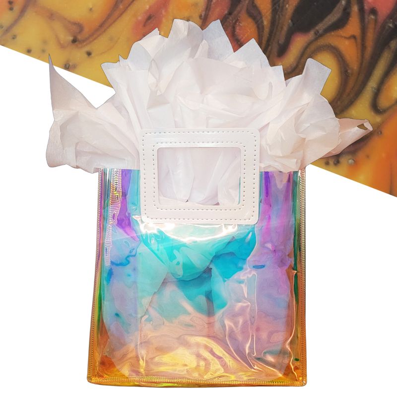 iridescent gift bag with dragons breath soap in background