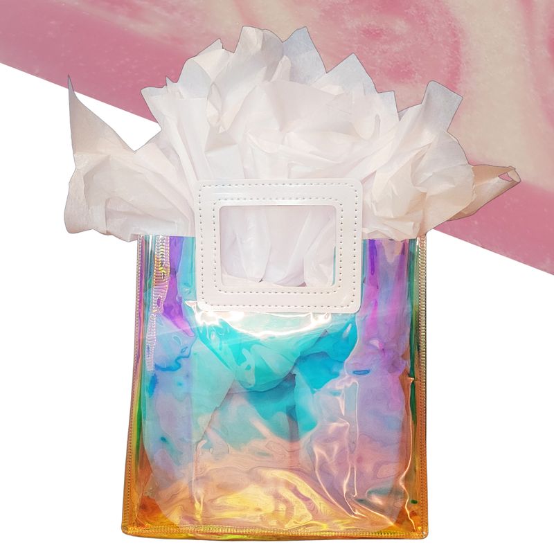 iridescent gift bag with sambucus soap in background