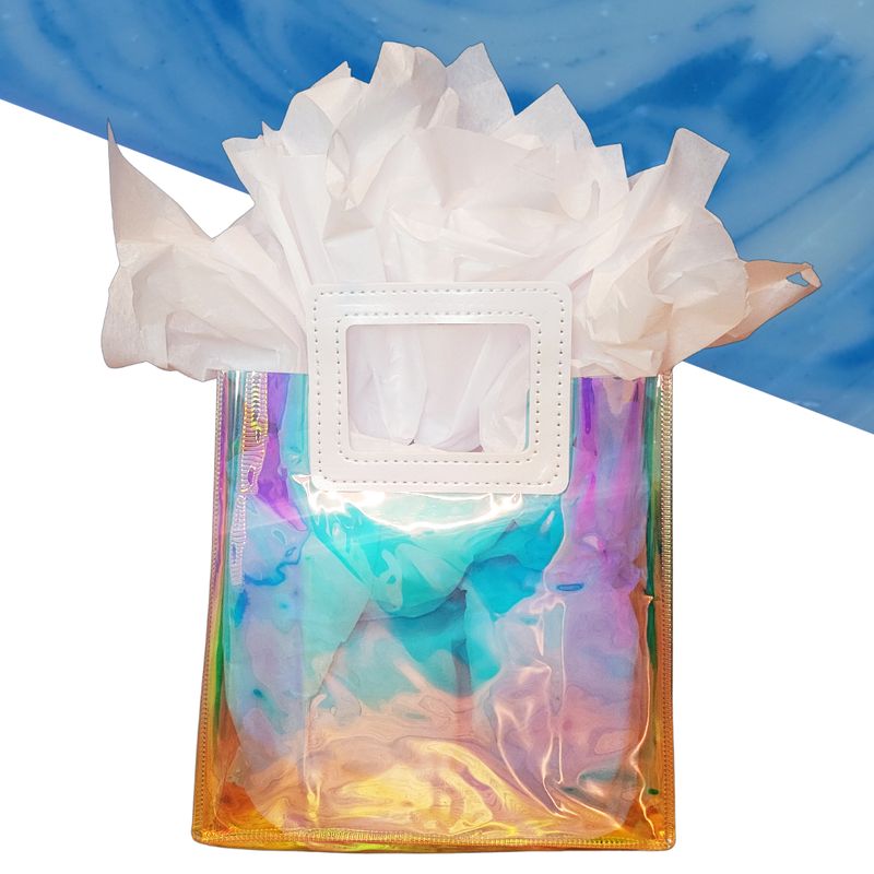 iridescent gift bag with blue moon soap in background