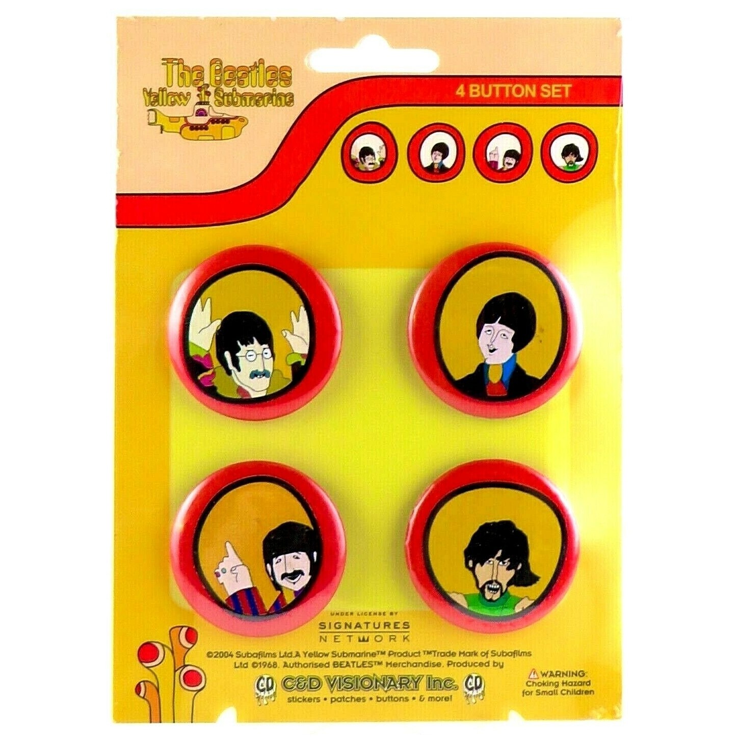 The Beatles Yellow Submarine Set of 4 Pinback 1 1/2"D Buttons