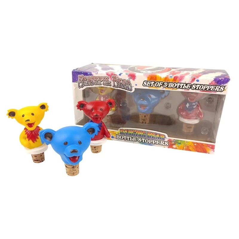 Grateful Dead Dancing Bear Head Bottle Stoppers Set of 3 (Yellow, Blue, Red)