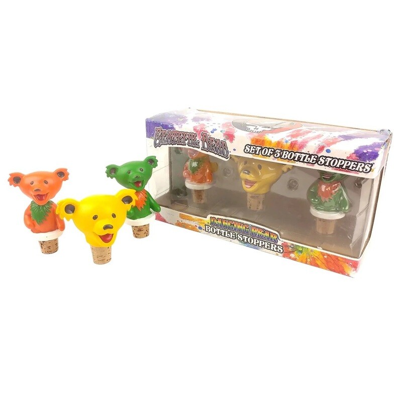 Grateful Dead Dancing Bear Head Bottle Stoppers Set of 3 (Orange, Yellow, Green)