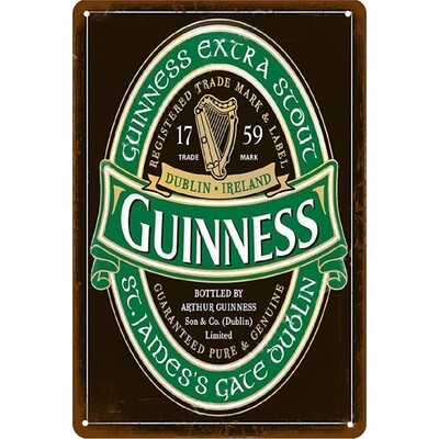 Guinness Beer Label Metal Sign 7 3/4"W x 11 3/4"H