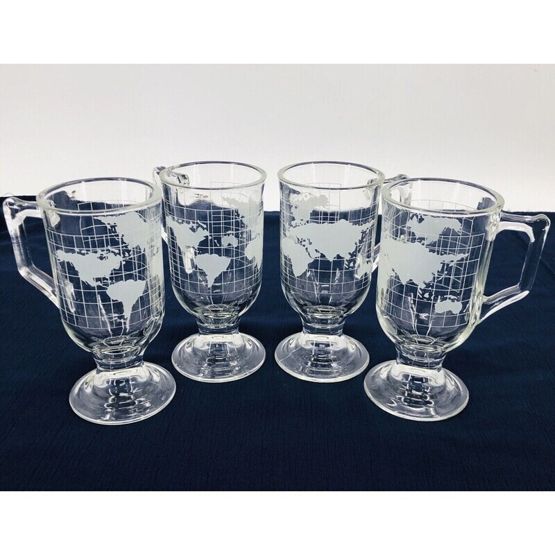 Set of 4 Nescafe World Latte / Irish Coffee Footed 5 1/2&quot;H Mug - Clear Etched Glass