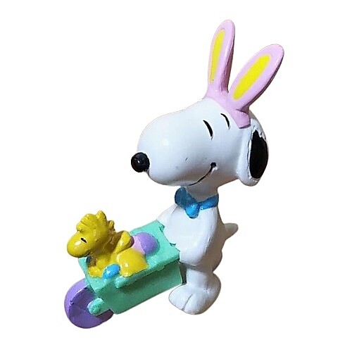3"H Snoopy with Pink Bunny Ears and Green Wheelbarrow PVC Figure