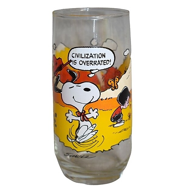 Peanuts McDonald&#39;s Camp Snoopy Glass &quot;Civilization is Overrated!!&quot;