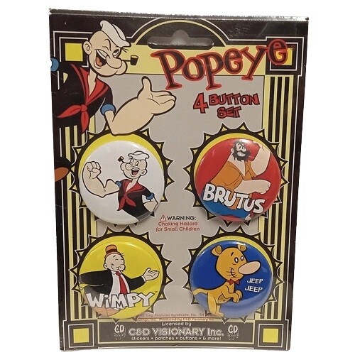 Popeye Set of 4 Pinback Buttons 1 1/2"D