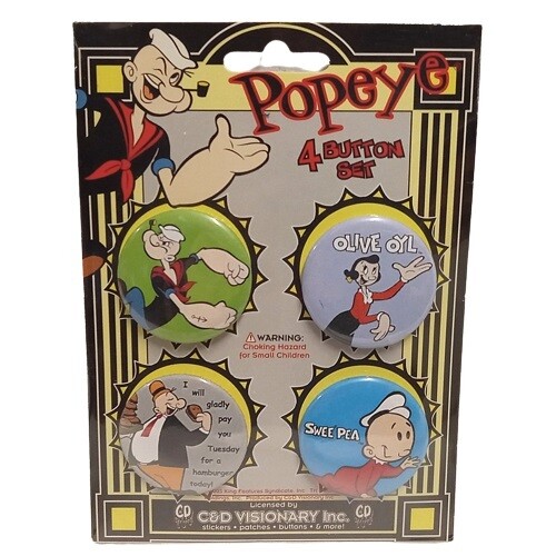 Popeye Set of 4 Pinback Buttons 1 1/2&quot;D