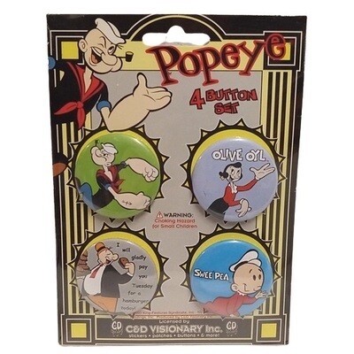 Popeye Set of 4 Pinback Buttons 1 1/2"D