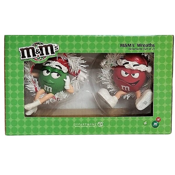M&M RED & GREEN Wreaths Christmas Ornament Pair