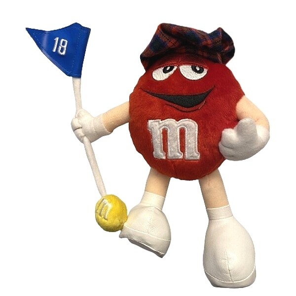 M&amp;M 9"H RED Golfer Plush with Blue 18 Flag