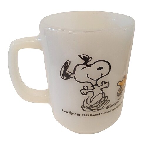 Snoopy Fire King Milk Glass Mug &quot;At Times Life Is Pure Joy&quot;
