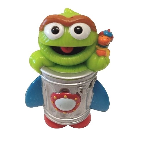 Sesame Street 2 1/2"H Oscar the Grouch and Slimey in Trash Can Space Ship PVC Figure