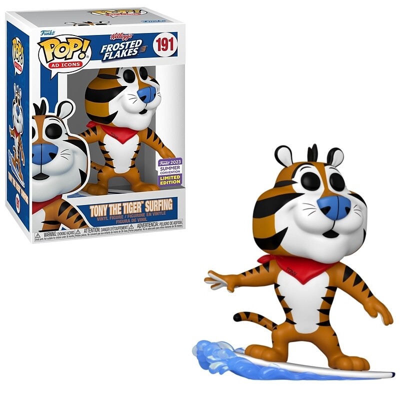 Kellogg&#39;s 3 3/4&quot;H Tony the Tiger Surfing POP! Ad Icons Vinyl Figure #191 - 2023 Summer SDCC Exclusive