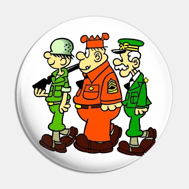 Beetle Bailey, Sarge and General Halftrack 2 1/4"D Pinback Button