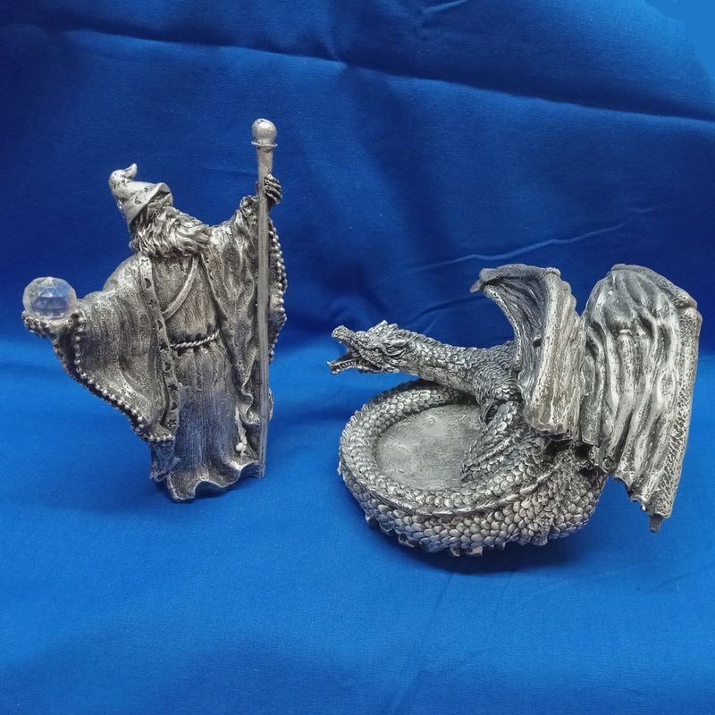 Merlin &amp; Dragon Figures Pewter-Look Poly Resin Statue Set of 2 #29119