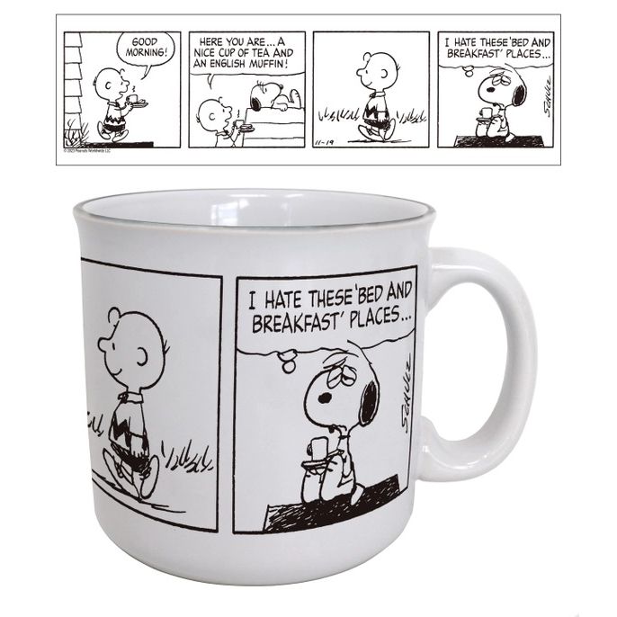 Peanuts Charlie Brown and Snoopy &quot;Bed and Breakfast&quot; 20 Oz. Ceramic Camper Mug