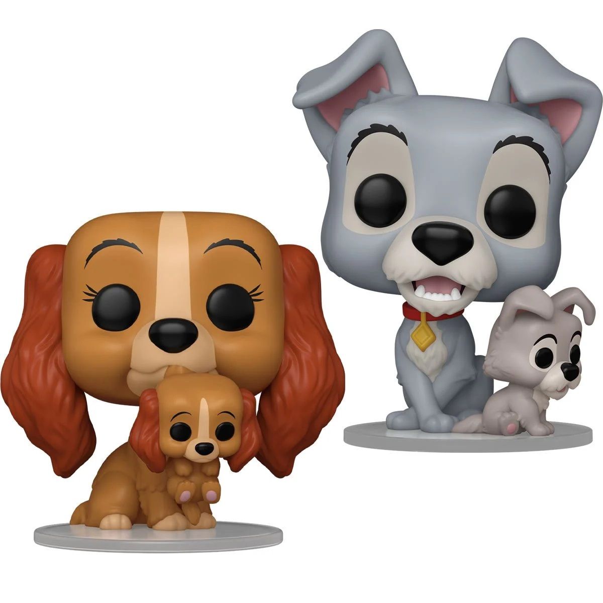 Disney&#39;s Lady and the Tramp - 3 1/2&quot;H Lady and 4&quot;H Tramp with Puppies POP! Vinyl Figures #1553 and #1554