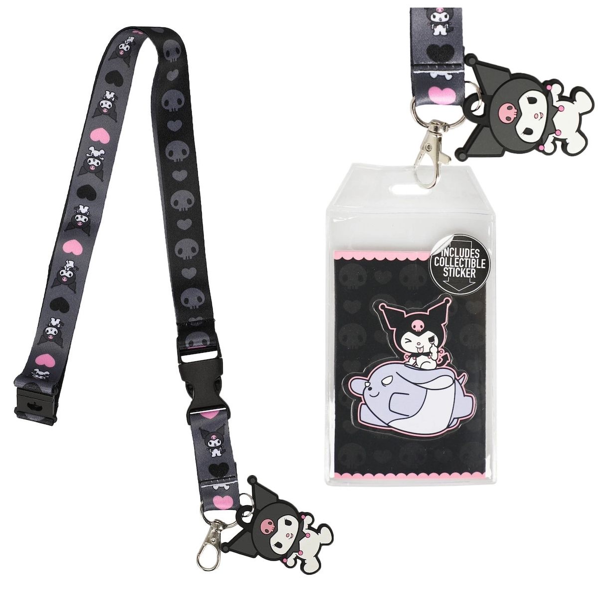 Sanrio Kuromi Hearts &amp; Skulls 22"L Cloth Lanyard with Clear Pouch and Metal Clip