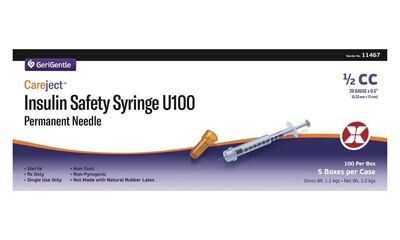 1/2CC Insulin Safety Syringe U-100, 29 Gauge x 0.5" By GeriGentle