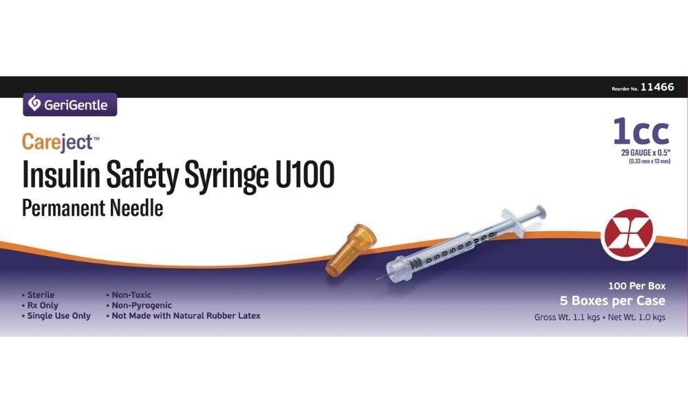 1CC Insulin Safety Syringe U-100, 29 Gauge x 0.5" (Case of 500) By GeriGentle