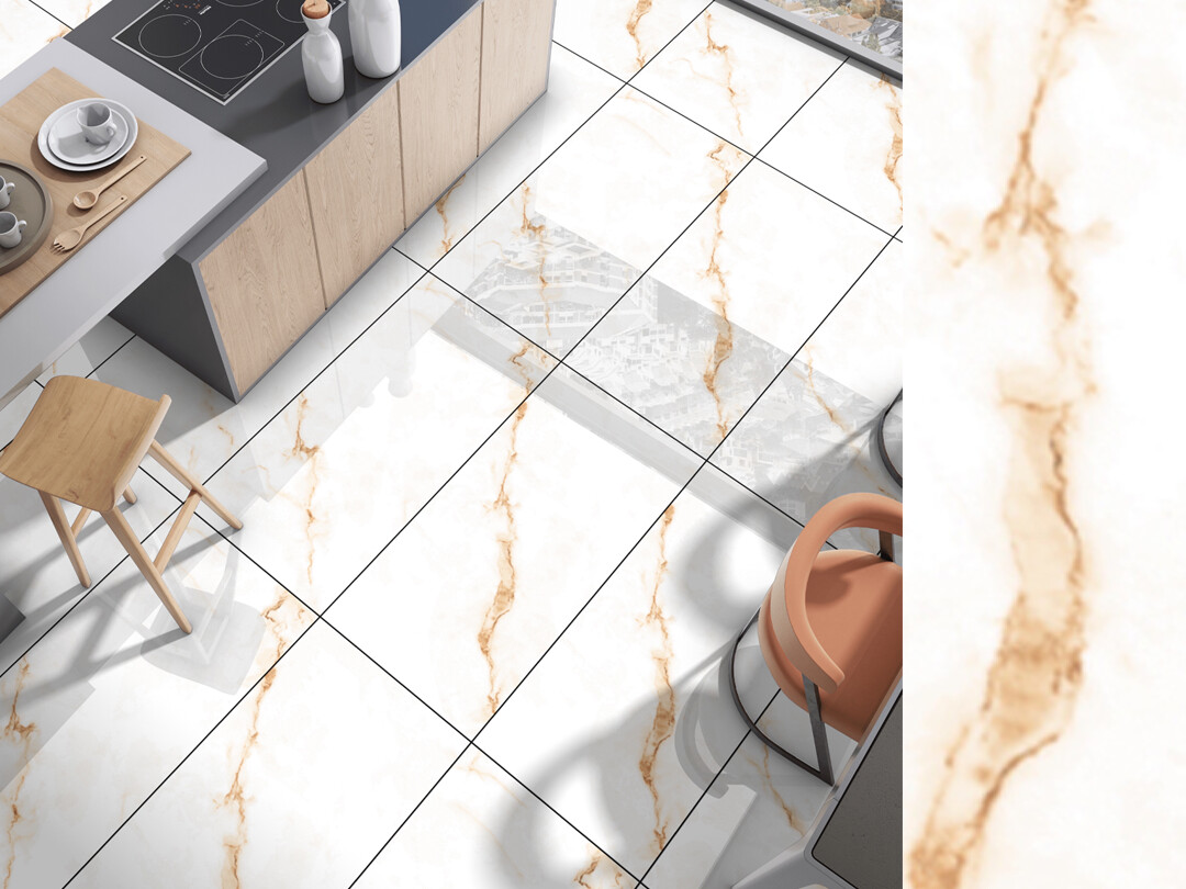 1 PC  24&quot;x48&quot; | Full Body Glazed Porcelain Wall &amp; Floor Tiles, Marble Effect, Golden Carrara, Gold &amp; White