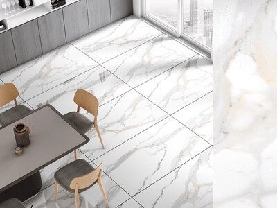 1 PC  24&quot;x48&quot; | Full Body Glazed Porcelain Wall &amp; Floor Tiles, Marble Effect, Spark White