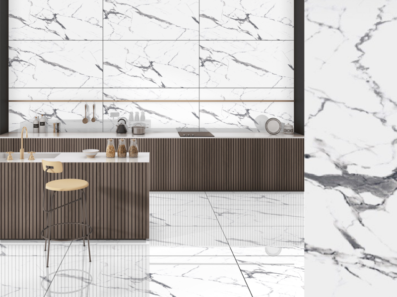 24"x48" | Full Body Glazed Porcelain Wall &amp; Floor Tiles, Marble Effect, Staturio Blanco, Gray &amp; White