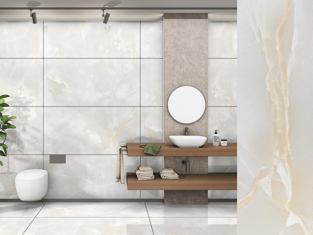 1 PC. 24&quot;x48&quot; | Full Body Glazed Porcelain Wall &amp; Floor Tiles, Marble Effect, Transmin Onyx, Gold &amp; White