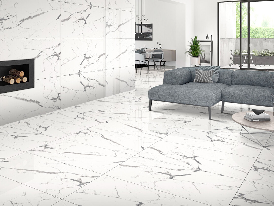 24&quot;x48&quot; | Full Body Glazed Porcelain Wall &amp; Floor Tiles, Marble Effect, Staturio Blanco, Gray &amp; White