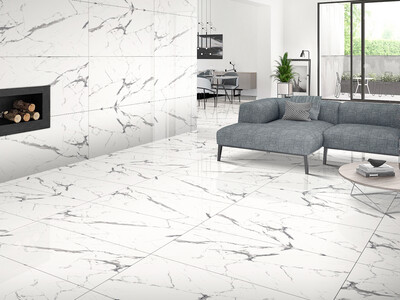24&quot;x48&quot; | Full Body Glazed Porcelain Wall &amp; Floor Tiles, Marble Effect, Staturio Blanco, Gray &amp; White