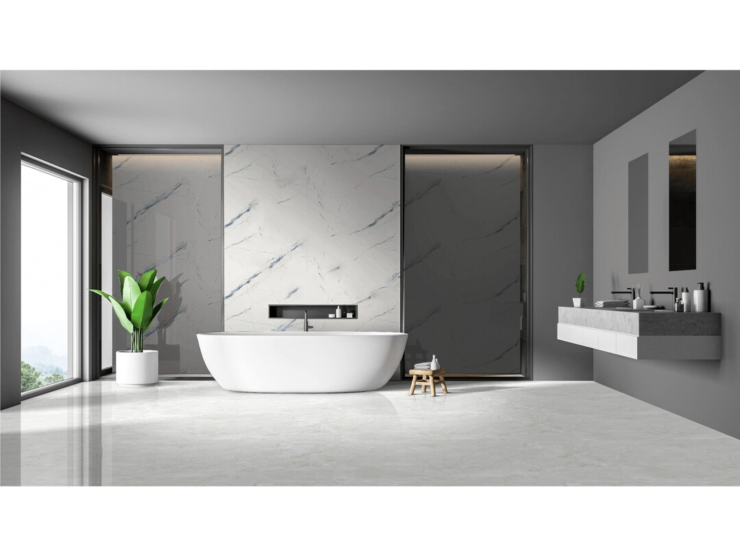24&quot; x 48&quot; | Veere White, Porcelain Gloss, Wall &amp; Floor Tiles, Marble Effect, Off-White With Blue Tones