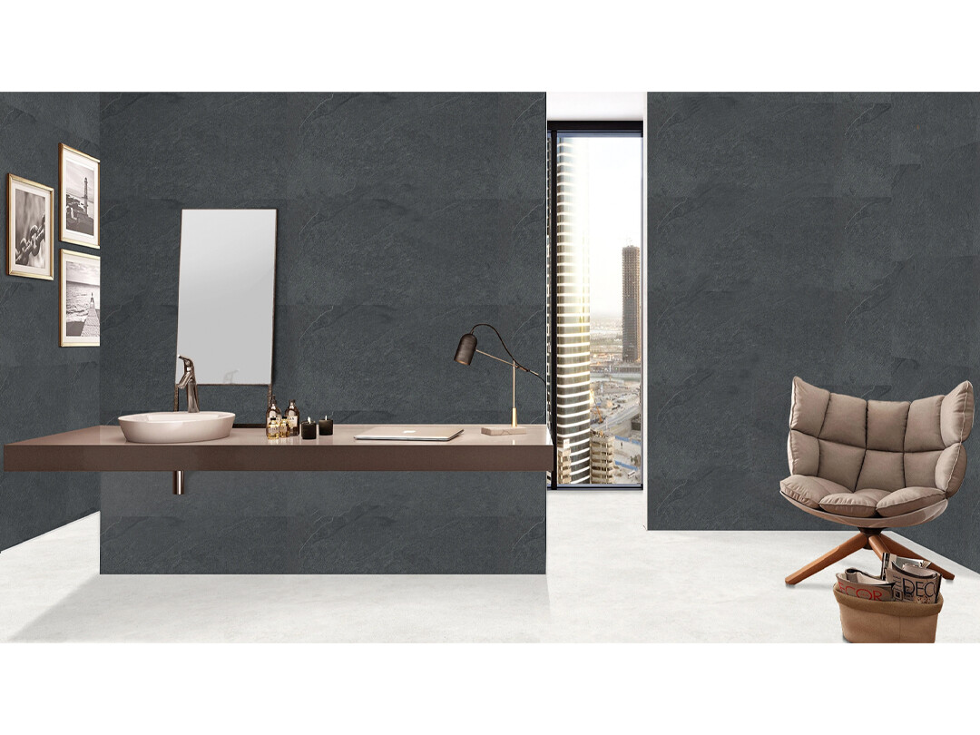 24&#39;&#39;x48&#39;&#39; | Rustino Nero Grey, Porcelain Gloss, Wall &amp; Floor Tiles, Dark Grey Tones
