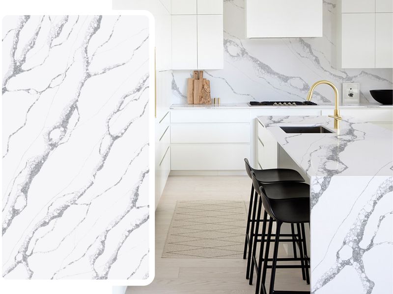 (9ft x 26&quot;) or (10ft x 5ft)” | Quartz Countertop - Stellar Stream White Slab, Polished Honed Countertop, Grey, White